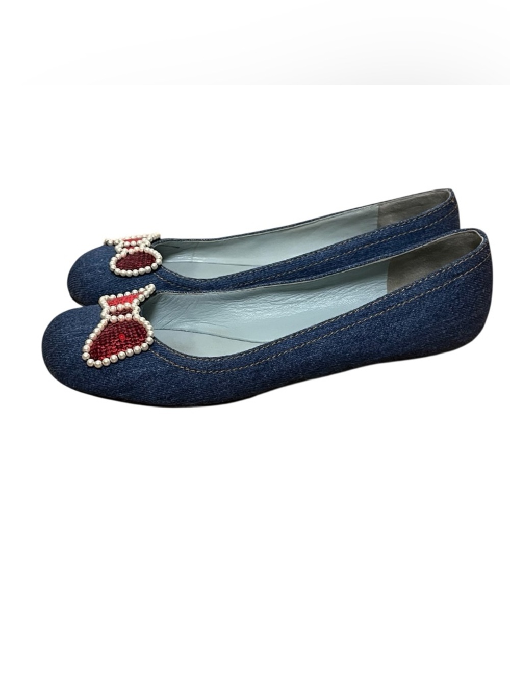 Marc Jacobs Denim Ballet Flats Red Sequin Bow Pearl Y2K Coquette Size 37.5 - Picture 8 of 13